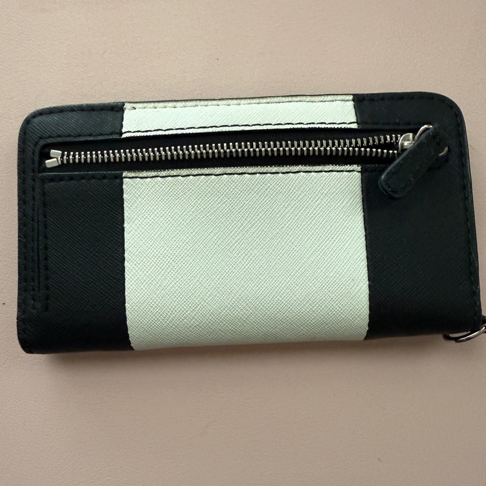 Michael Kors Black and White Striped Zip Around Wallet - Picture 2 of 5
